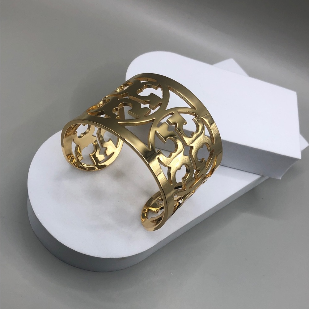 Tory Burch Big Large Logo Metal Gold Cuff Bracelet Statement Style